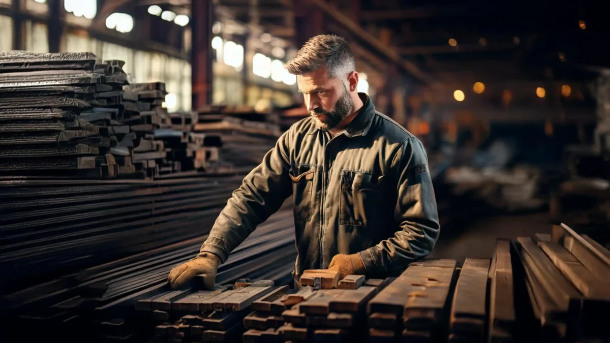 Foto de uma pessoa fazendo a inspeção em barras de aço.