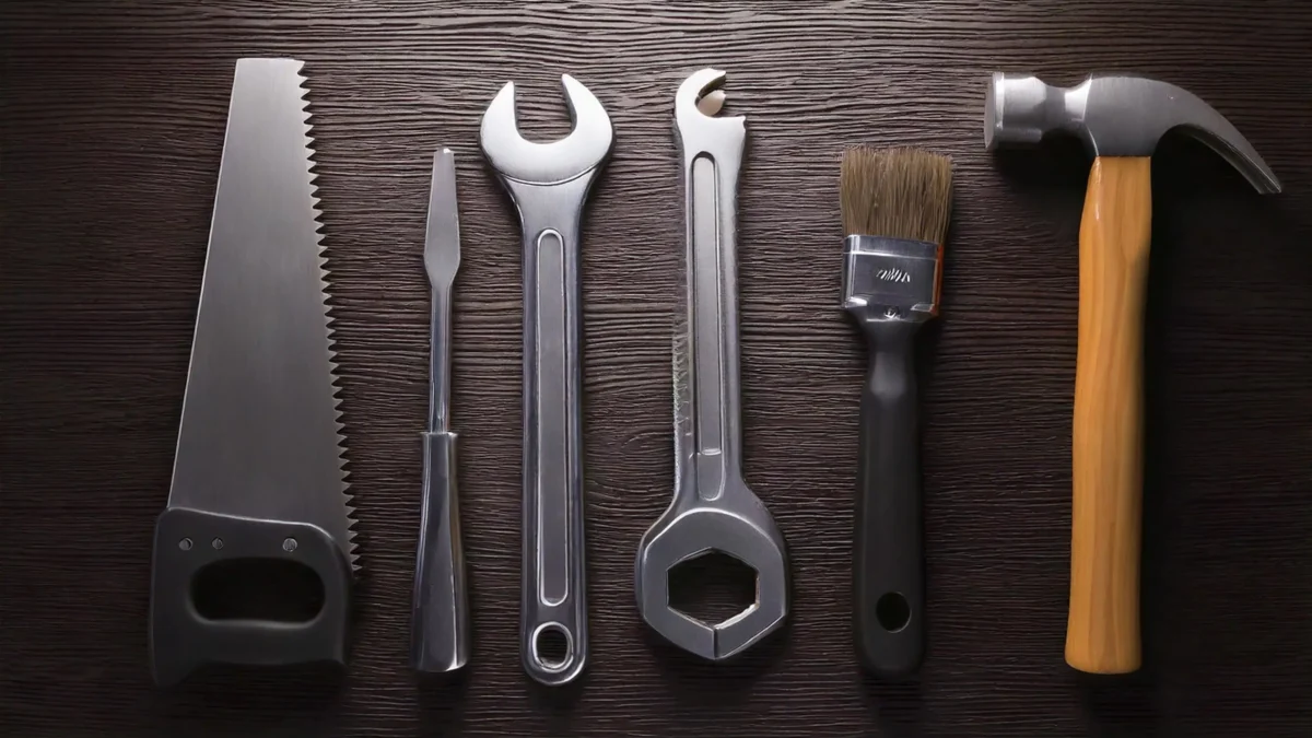 Imagem ilustrativa de ferramentas feitas em aço, contendo uma chave inglesa, chave de fenda, martelo, pincel e uma serra, uma ao lado da outra.