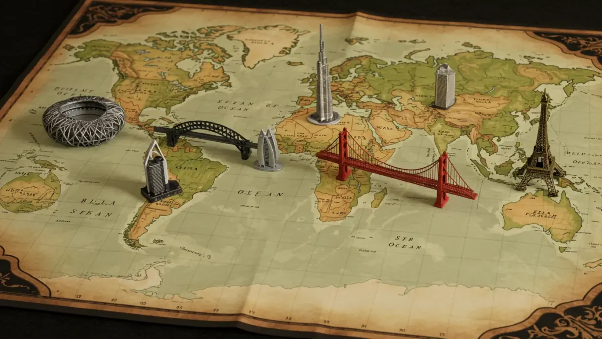 Imagem ilustrativa de uma mapa com diversas miniaturas de construções famosas espalhadas por ele, no qual usam o aço como estrutura.