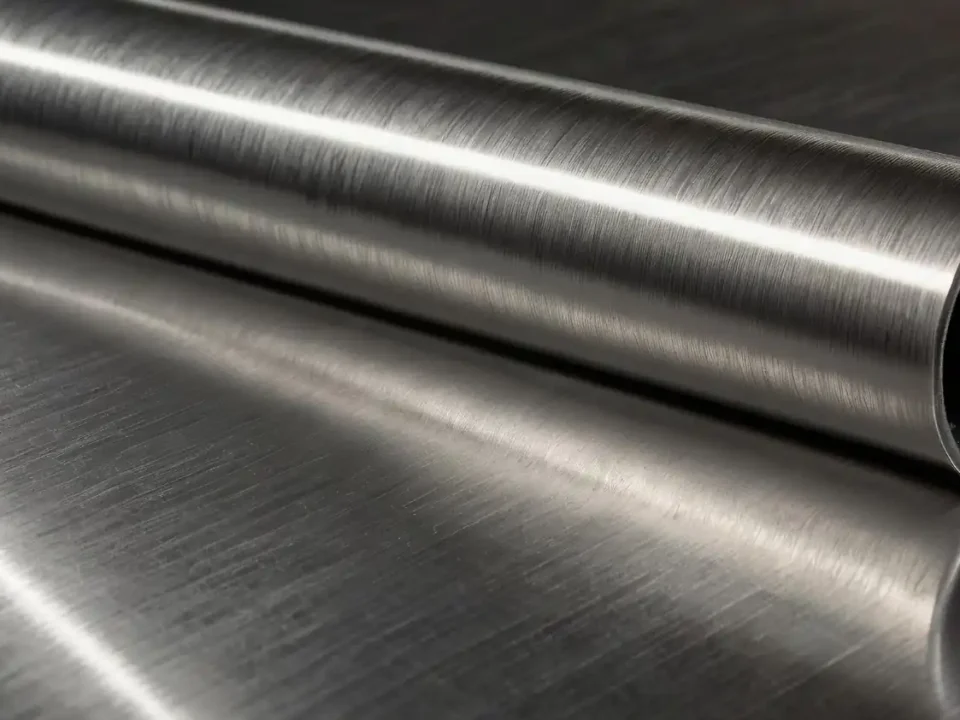 Tubo de aço inoxidável escovado sobre chapa de inox, com acabamento metálico refletivo e superfície polida.