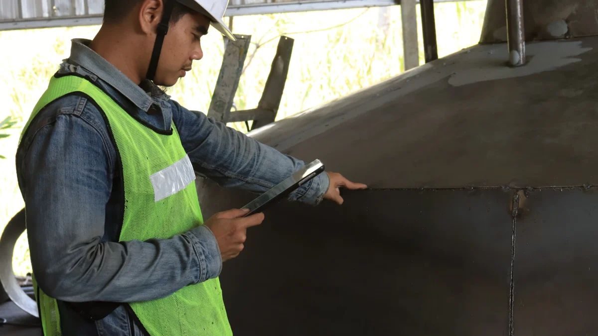 Engenheiro ou inspetor de segurança usando capacete branco e colete refletivo verde inspeciona a solda de uma estrutura metálica em uma fábrica, segurando um tablet para registrar informações.