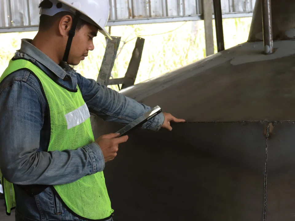 Engenheiro ou inspetor de segurança usando capacete branco e colete refletivo verde inspeciona a solda de uma estrutura metálica em uma fábrica, segurando um tablet para registrar informações.