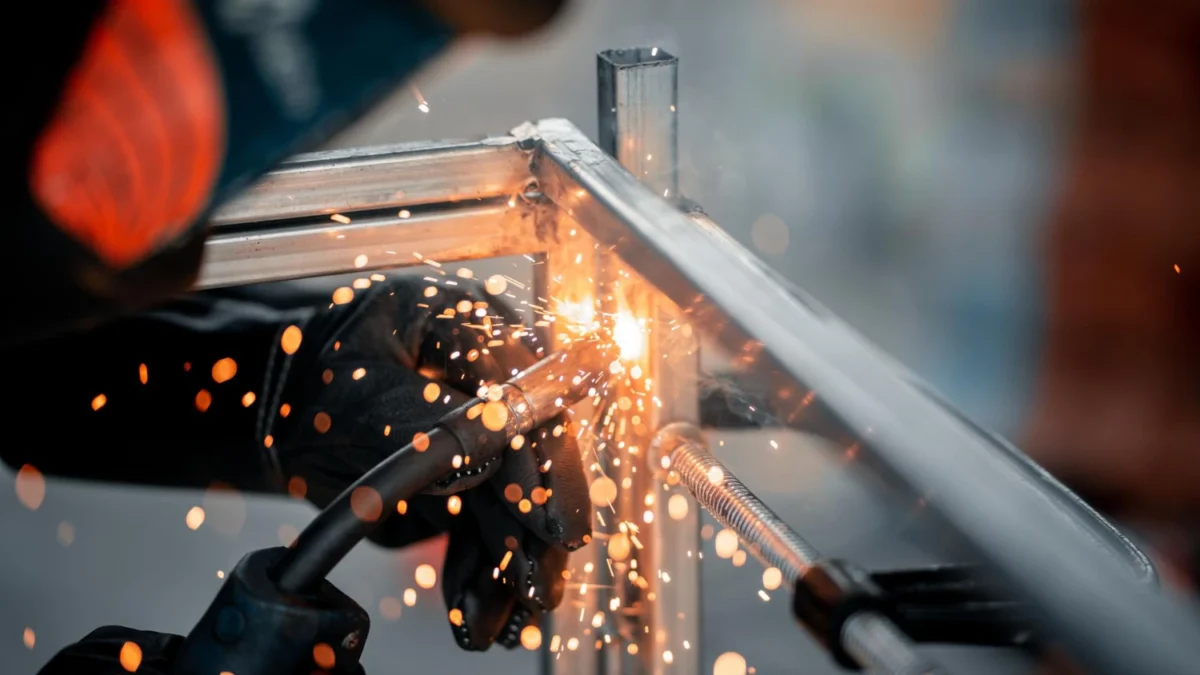 Soldador utilizando máscara de proteção e luvas enquanto realiza soldagem em estrutura metálica, com faíscas visíveis no processo.