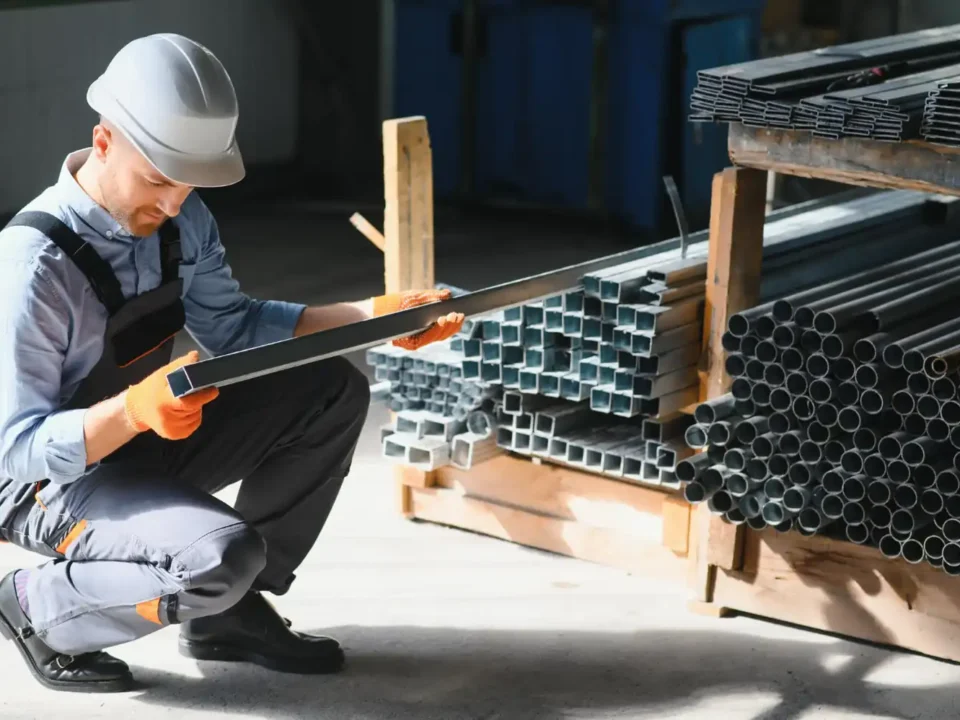 Trabalhador com capacete e luvas de proteção inspecionando barra metálica em depósito de tubos e perfis de aço