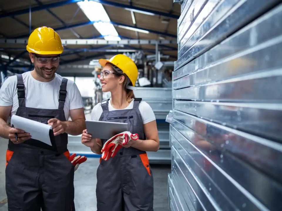 Dois trabalhadores da indústria usando capacetes de segurança amarelos e óculos de proteção, sorrindo enquanto conferem documentos e um tablet em uma fábrica.