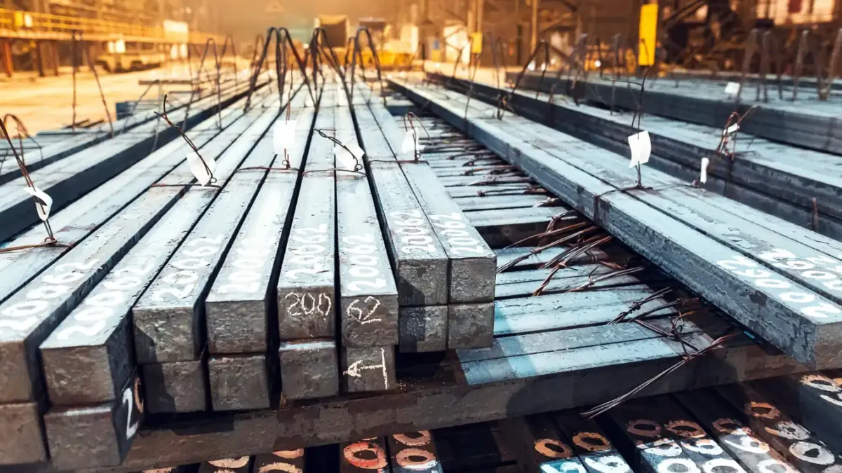 Close-up de barras quadradas de aço recém-produzidas e empilhadas, com marcações numéricas, em uma indústria metalúrgica.