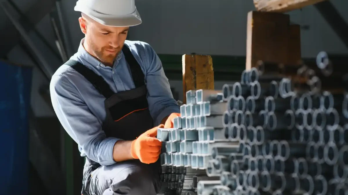 Inspetor verificando visualmente peças de aço em formato tubular em ambiente industrial, durante processo de controle de qualidade.