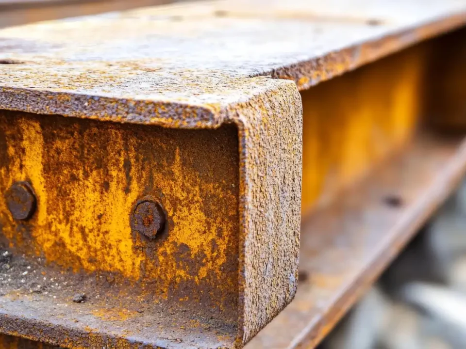 Viga de aço estrutural com corrosão prematura e oxidação visível na superfície metálica