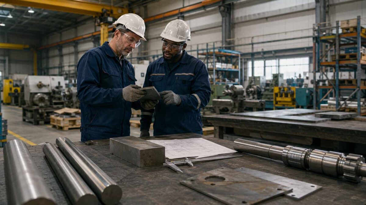Equipe de manutenção verificando barras e peças de aço para reposição industrial