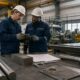 Equipe de manutenção verificando barras e peças de aço para reposição industrial