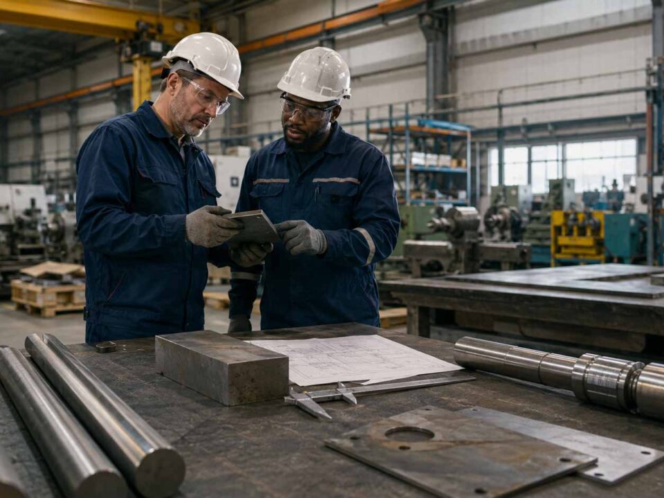 Equipe de manutenção verificando barras e peças de aço para reposição industrial
